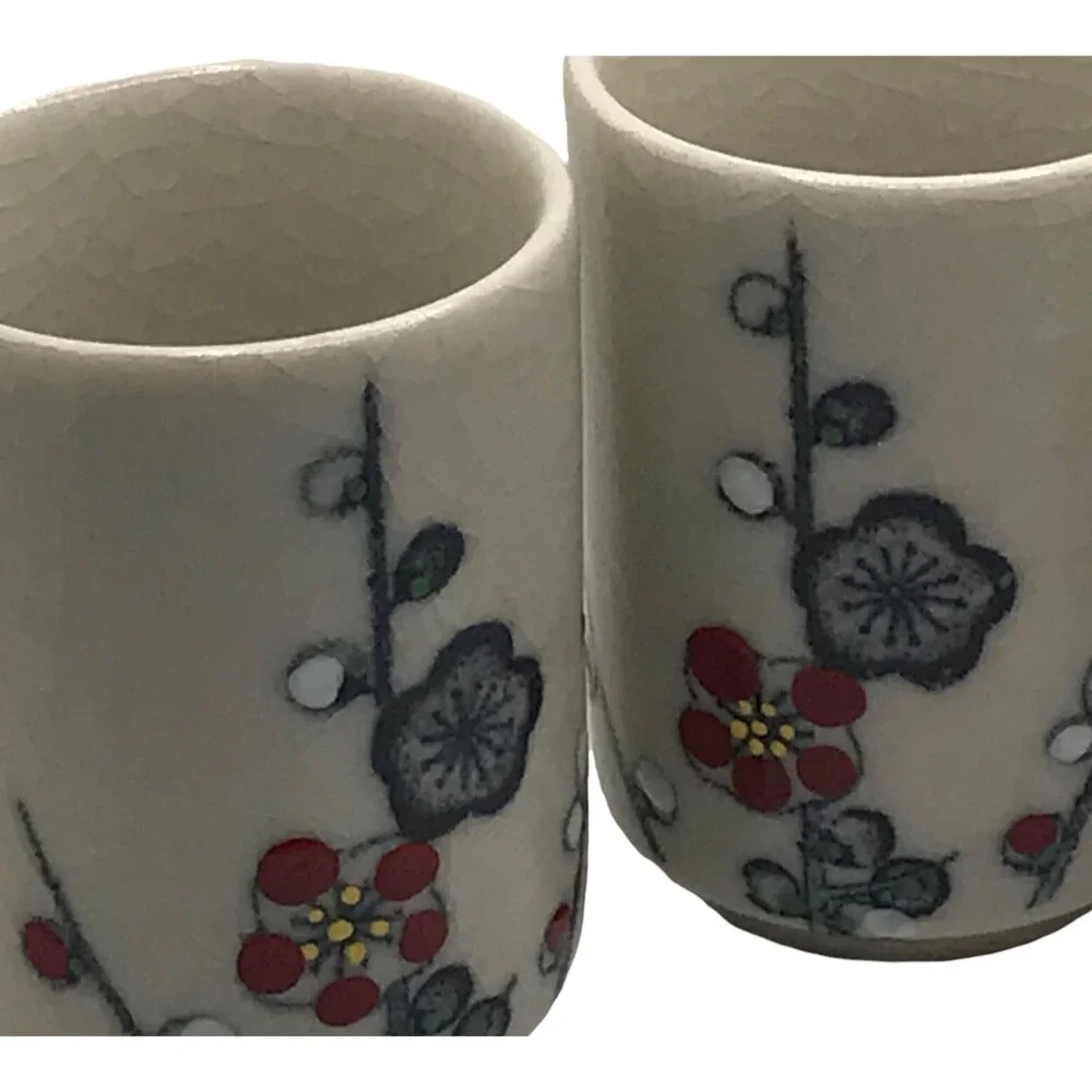 Japanese Sake Cups Set of Four from Japan 3.5” Flower Red Gray White Black